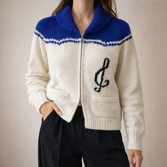 Vintage 70s Cowichan Blue and White Zip-Up Cardigan Music Dancer Size Medium - Picture 1 of 9